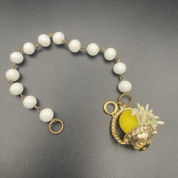 Vtg Glass Bead Charm Bracelet Basket Lemon Flower Novelty Italian or Japan 1950s - Picture 2 of 12